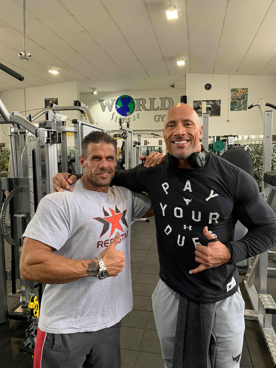 <p>The actor, real name Dwayne Johnson, surprised owner Craie Carrera when he dropped in at his Global Fitness Gym.</p>