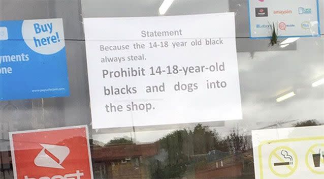 A sign on a Melton milk bar banned black youths from entering. Picture: @funkycarbon