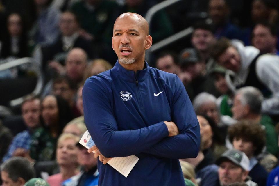 Pistons coach Monty Williams looks on the in the second quarter of the Pistons' 146-114 loss on Saturday, Dec. 16, 2023, in Milwaukee.