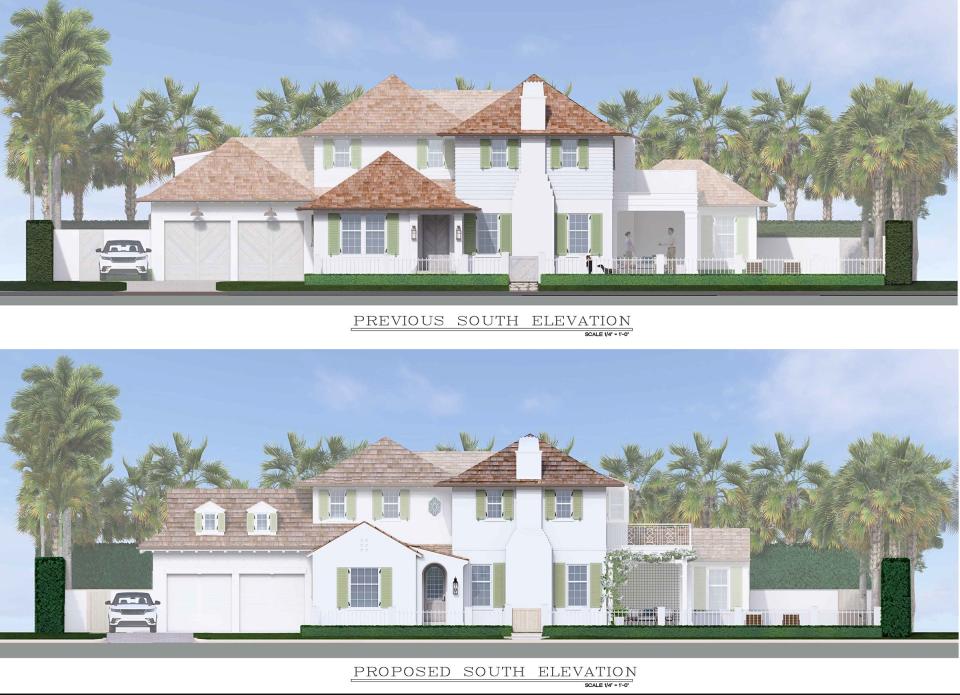 The Palm Beach Architectural Commission asked for significant changes to the design of a house depicted in the top rendering for 217 Bahama Lane. The bottom rendering shows the revised design approved by the board in January.