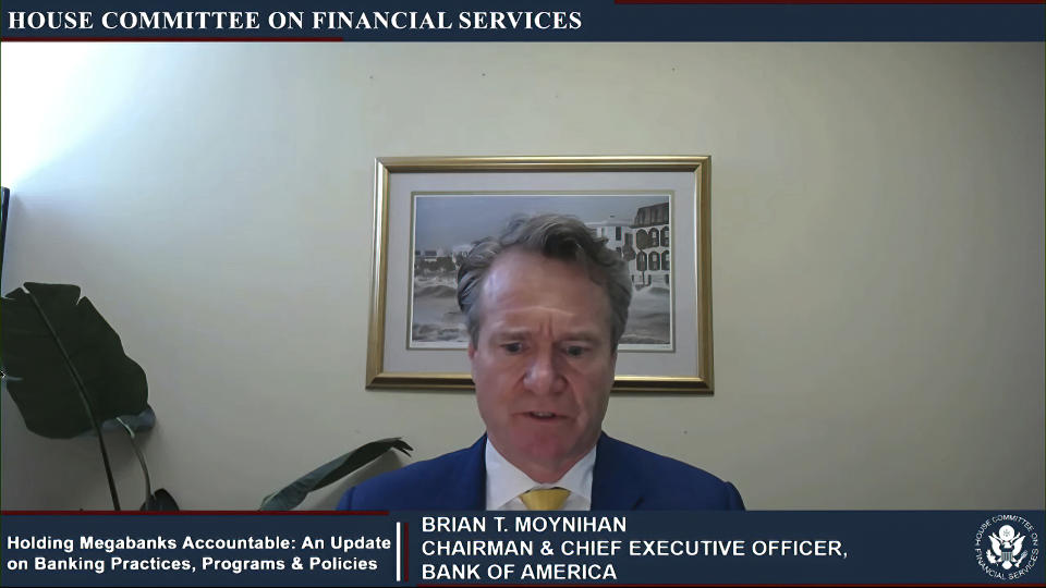This image from video provided by the House Financial Services Committee shows Bank of America CEO Brian Moynihan testifying virtually to the House Financial Services Committee Thursday, May 27, 2021. (House Financial Services Committee via AP)