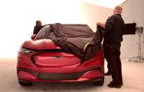 Ford Motor Co. shows the all-new electric Mustang Mach-E vehicle for a photo shoot at a studio in Warren, Michigan