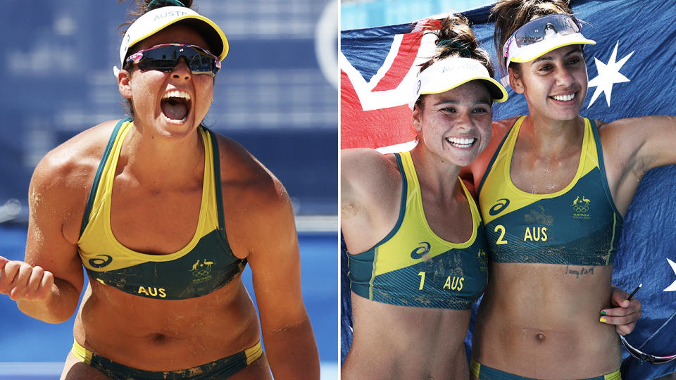 The Aussie girls, pictured here after their beach volleyball semi-final win.