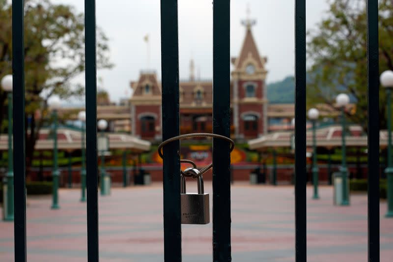 A locked gate is seen after the Hong Kong Disneyland theme park has been closed, following the coronavirus outbreak in Hong Kong