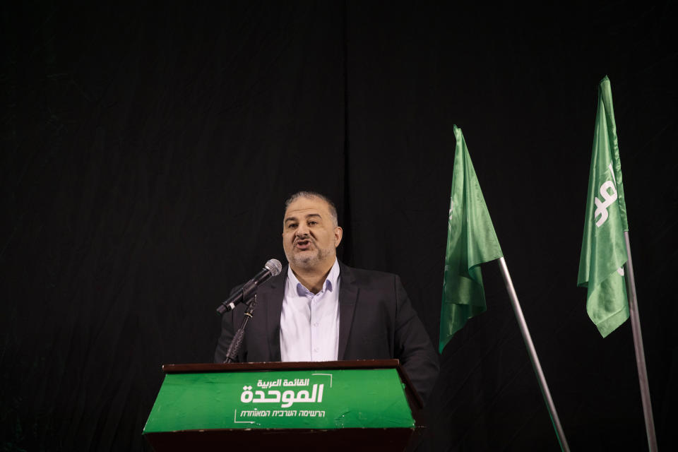 Mansour Abbas, leader of the United Arab List, also known by the Hebrew name Ra'am delivers a statement in Nazareth, Israel, Thursday, April 1, 2021. (AP Photo/Ariel Schalit)