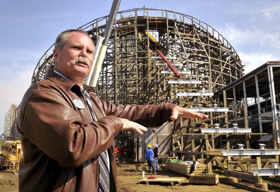 March 3, 2010: Steve Martindale talks to the media as Six Flags Over Texas laid the first of the new track for the first phase of the $10 million Texas Giant renovation. Texas Giant will be a hybrid design combining features of a wooden roller coaster with steel track coaster.