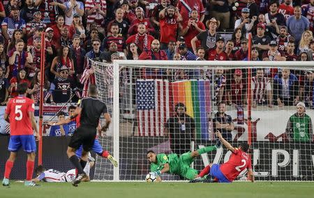 Sep 1, 2017; Harrison, NJ, USA; Costa Rica goalkeeper Keylor Navas (1) makes a save against the USA during the first half at Red Bull Arena. Vincent Carchietta-USA TODAY Sports