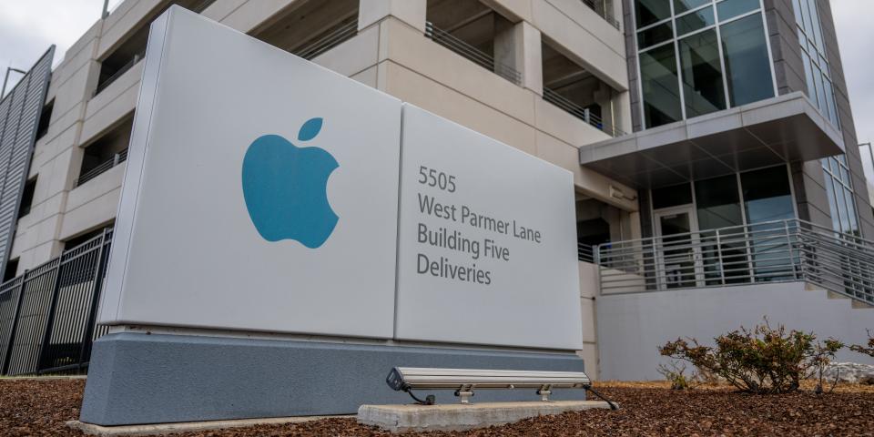 An Apple Inc sign is seen at the Apple Campus on January 20, 2023 in Austin, Texas.