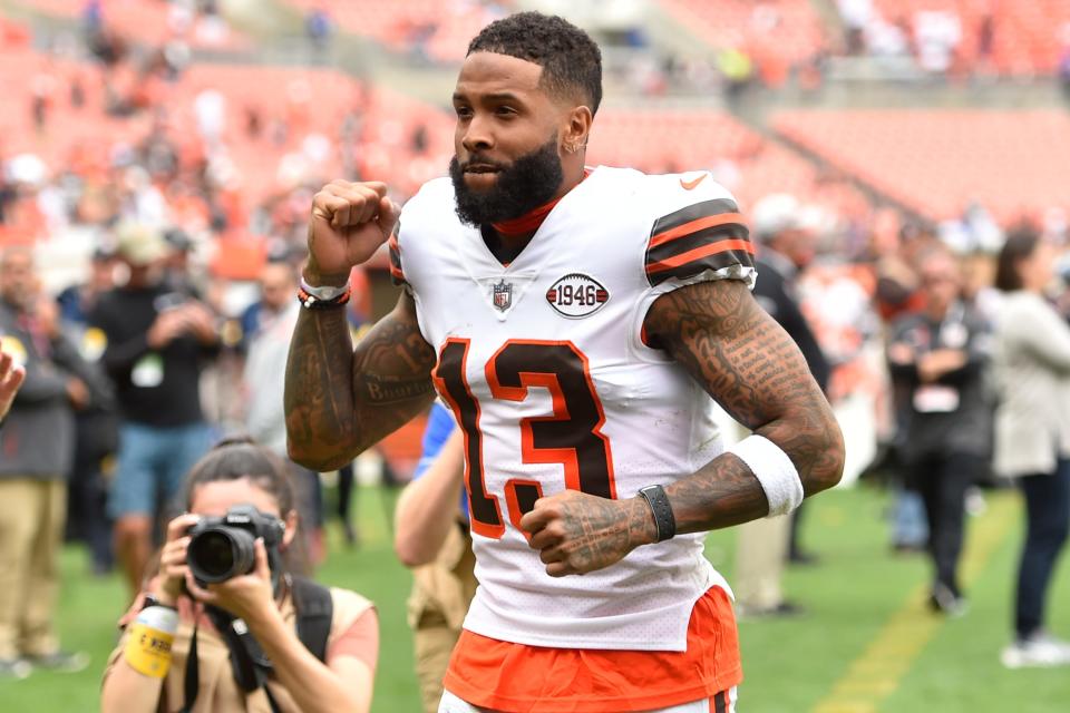 Former Cleveland Browns wide receiver Odell Beckham Jr. walks on the field after a game against the Chicago Bears on Sept. 26. A disappointment and distraction before being released by the Browns, Beckham cleared NFL waivers without being claimed Tuesday, and can now sign as a free agent with any team.