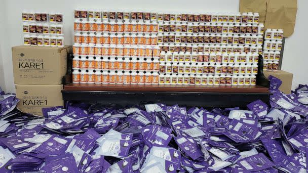 PHOTO: Boxes of masks, pain relief pills, and vitamin C are stacked up in the Fighters For North Korea office in South Korea, June 28, 2022. (Fighters For North Korea)