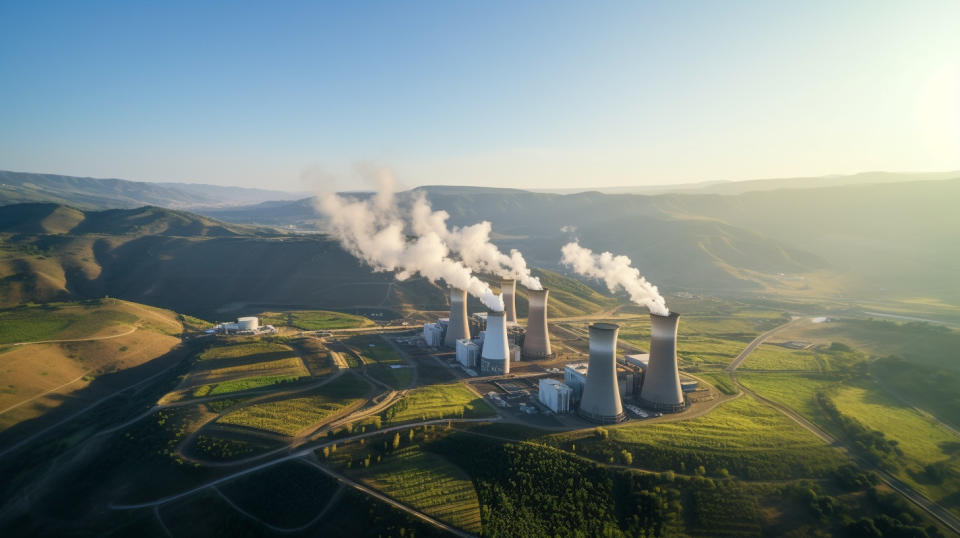 An aerial view of a power plant surrounded by majestic rolling hills.