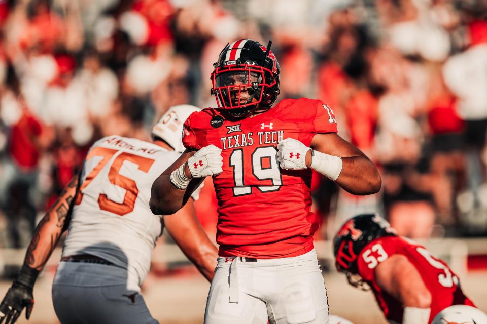 Texas Tech defensive end Tyree Wilson (19) is a first-team honoree on the all-Big 12 team selected by conference coaches and released Wednesday. Wilson had 14 tackles for loss, including seven sacks, before he suffered a season-ending foot injury in the 10th game.