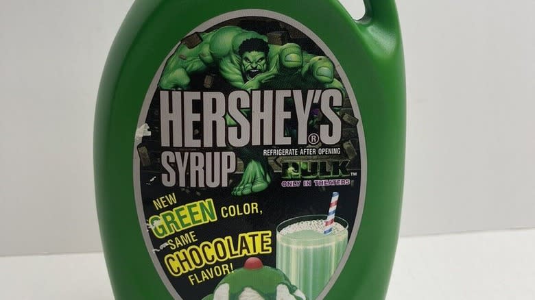 Bottle of Hershey's Hulk-themed green chocolate syrup