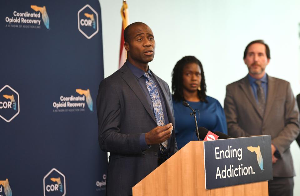 A  Nov. 17 press conference at the Florida Department  of Health in Viera centered on the Coordinated Opioid Recovery (CORE) Network.  Brevard County is one of 12 in the state implementing a new program. Among the speakers were, left to right,  Dr. Joseph A. Ladapo, state surgeon general; Erica Floyd Thomas, assistant secretary for substance abuse and mental health; and Dr. Kenneth Scheppke, deputy secretary of health.