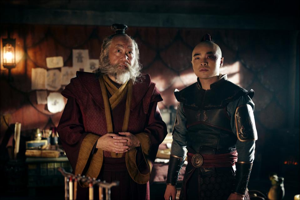 Avatar: The Last Airbender. (L to R) Paul Sun-Hyung Lee as Iroh, Dallas Liu as Prince Zuko in season 1 of Avatar: The Last Airbender. Cr. Robert Falconer/Netflix © 2024