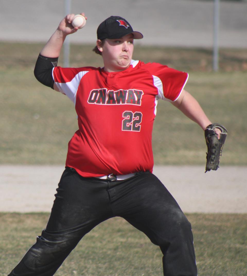 Onaway junior Dylan Szymoniak fires a pitch during game one of a home doubleheader against Inland Lakes on Tuesday.