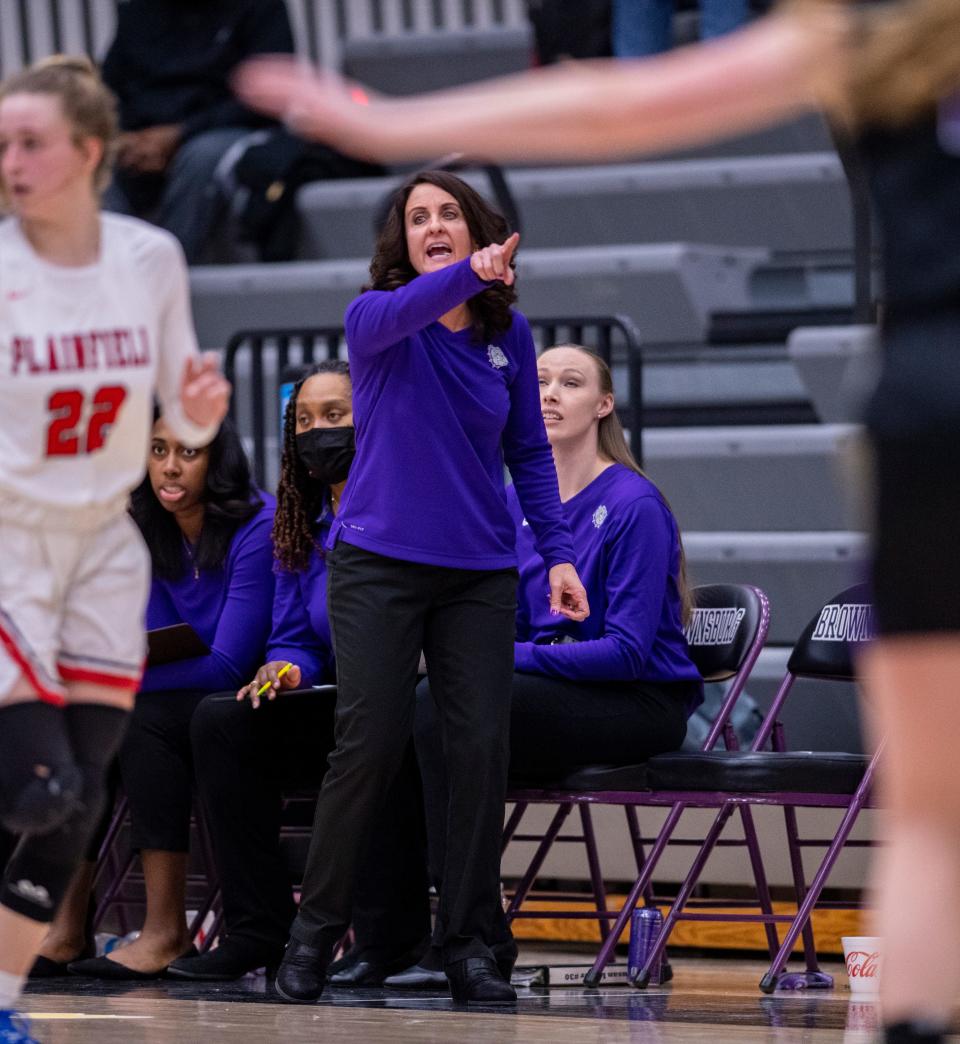 Brownsburg High School head coach Debbie Smiley reacts to action on the court during the second half of an IHSAA Girls’ Sectional semi-final basketball game against Plainfield High School, Saturday, Feb. 5, 2022, at Brownsburg High School. Brownsburg won, 62-46.
