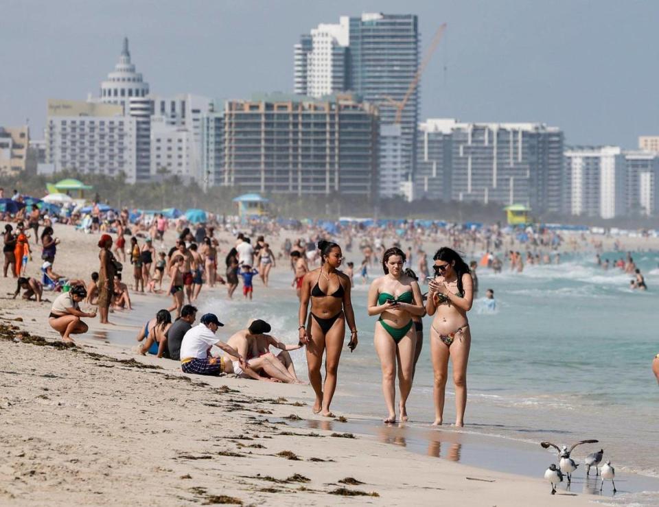 Beachgoers crowd South Beach during spring break in Miami Beach, Florida, on Saturday, March 9, 2024.