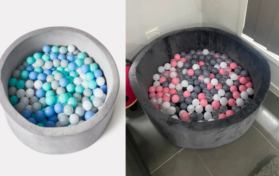 Kmart light grey ball pit at left with blue and grey toned balls and a dark grey alternative on the right with pink, white and grey balls.