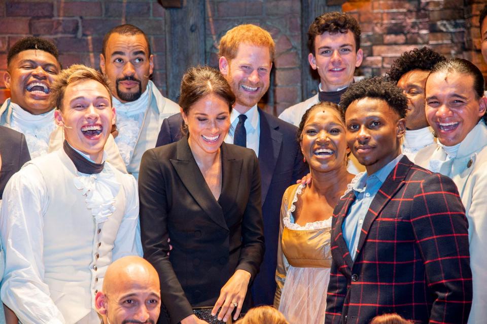 Prince Harry and Meghan Markle with the cast of "Hamilton" in August 2018.
