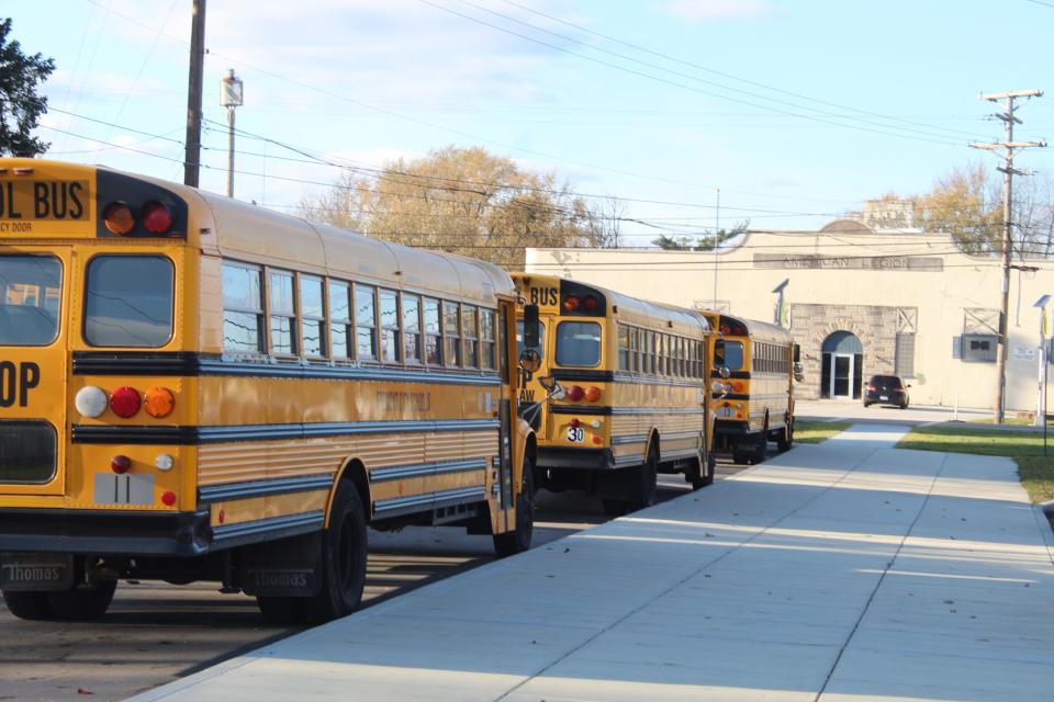 A row of Fremont City Schools' buses wait outside Lutz Elementary School for students Nov. 19. Superintendent Jon Detwiler is still having problems finding substitute drivers, as FCS and other school districts continue to struggle with workforce shortages.