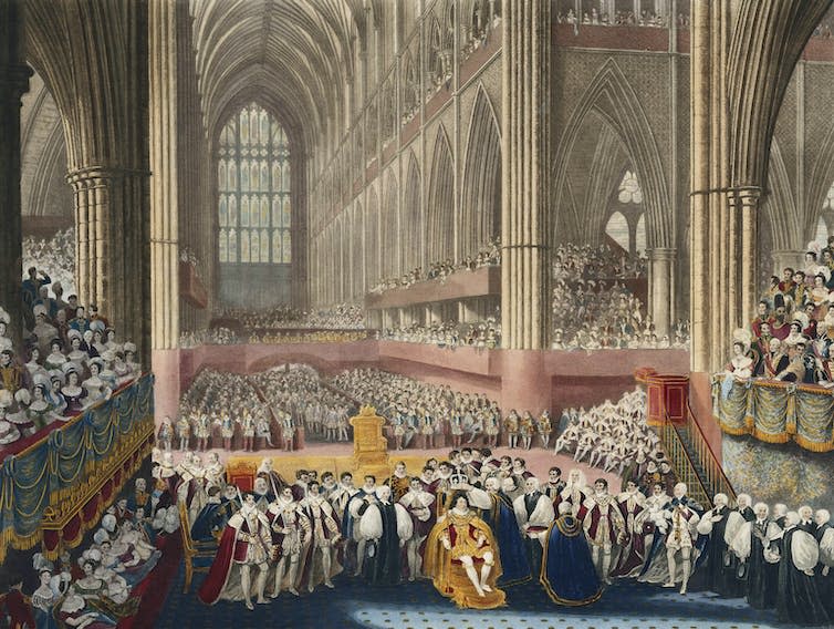 Painting showing the inside of Westminster Abbey during George IV's lavish coronation.