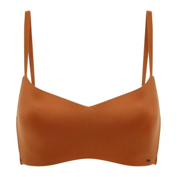 Love, Vera Soft Wireless T-Shirt Bra Butter Toffee Curvy, $45, <a href="https://www.lovevera.com/collections/bras/products/copy-of-love-vera-butter-toffee-soft-wireless-t-shirt-bra-curvy" rel="nofollow noopener" target="_blank" data-ylk="slk:available here;elm:context_link;itc:0;sec:content-canvas" class="link ">available here</a>