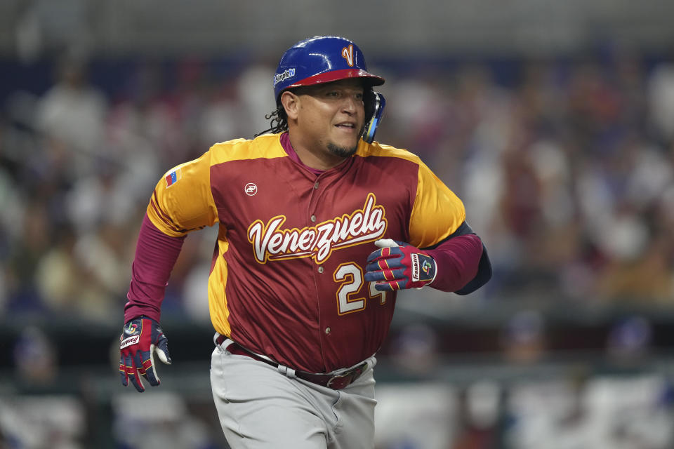 MIAMI, FLORIDA - MARCH 12: Miguel Cabrera #24 of Venezuela hits a single in the third inning against Puerto Rico at loanDepot park on March 12, 2023 in Miami, Florida. (Photo by Eric Espada/Getty Images)