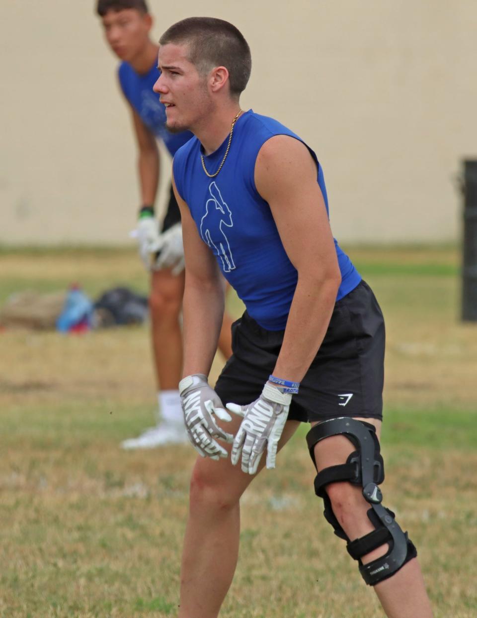 Carlsbad High School's Gavin York participates in a 7-on-7 football camp at New Mexico Military Institute in Roswell on July 14, 2023.