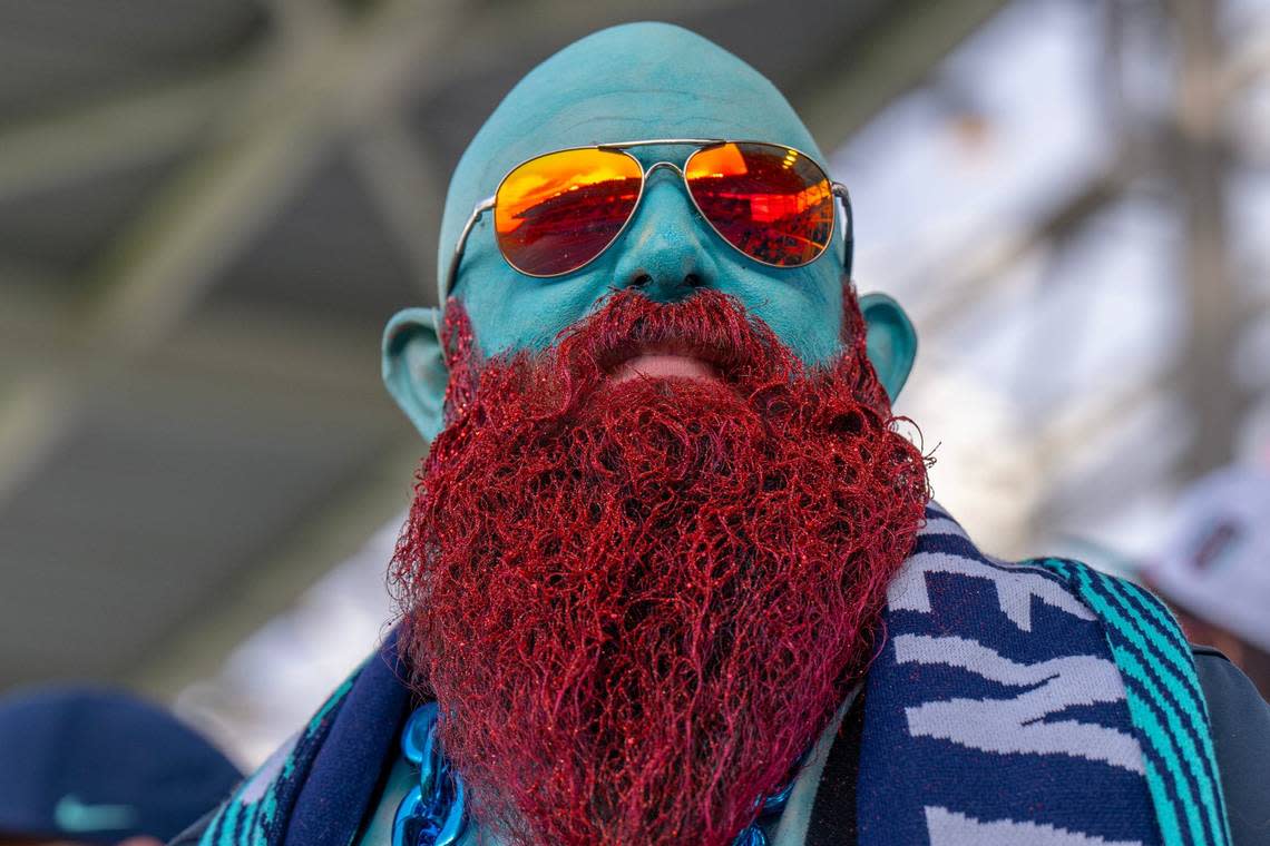 Richard Harper, draped in Kansas City Current colors, with his face and beard painted to match, is seen during an NWSL game between Kansas City Current and Bay FC on Saturday, April 20, 2024, in Kansas City.