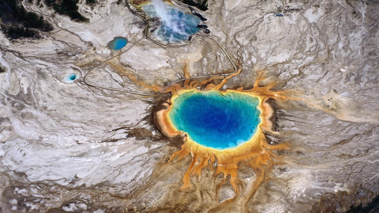 Aerial view of Grand Prismatic spring at Yellowstone.