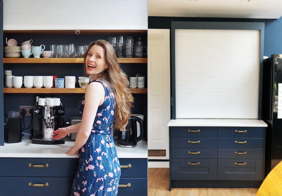 Jennifer Earle has come up with a genius hack using Ikea blinds to hide her coffee making area. (Supplied Jennifer Earle)