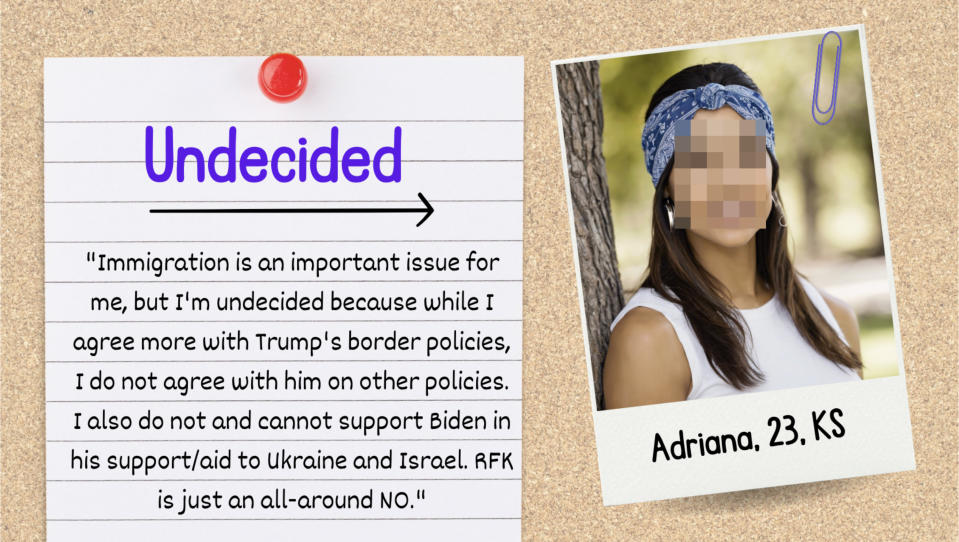 A bulletin board with a pinned note titled "Undecided" and a quote about immigration and political views