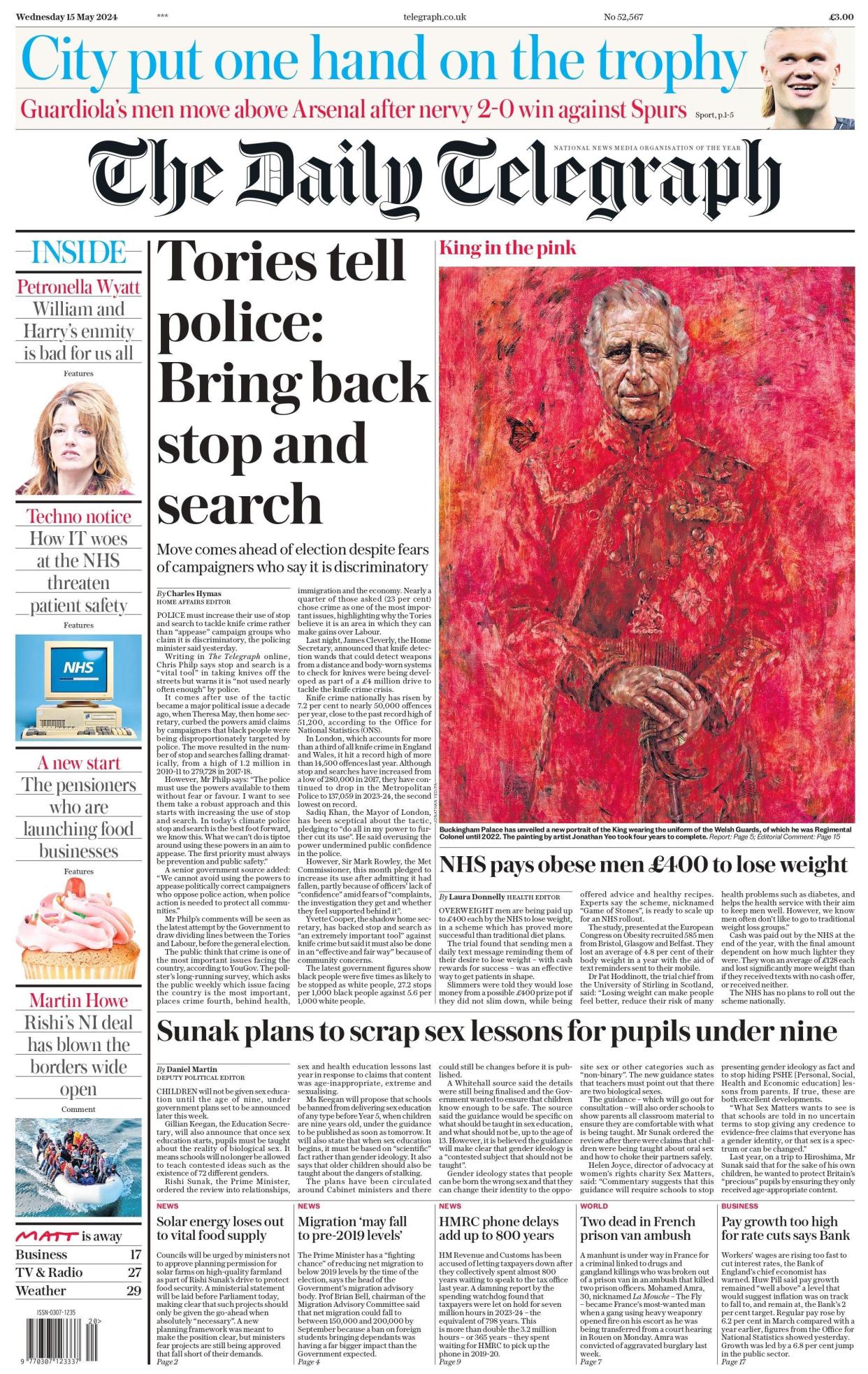 Daily Telegraph: Tories tell police: Bring back stop and search