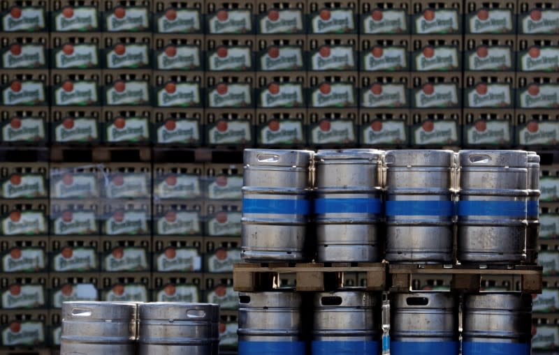 Kegs and crates of beer are seen on the yard of Plzensky Prazdroj brewery in Plzen