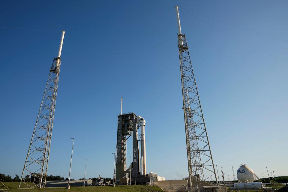 Boeing's Starliner capsule, atop an Atlas V rocket, sits on the launch pad at Space Launch Complex 41 Monday, June 3, 2024, in Cape Canaveral, Fla. NASA astronauts Butch Wilmore and Suni Williams will launch aboard the rocket to the International Space Station, scheduled for liftoff on June 5. (AP Photo/Chris O'Meara)