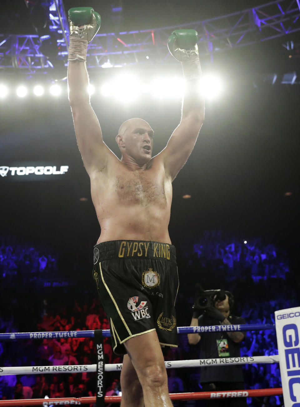 Tyson Fury, of England, celebrates after defeating Deontay Wilder in a WBC heavyweight championship boxing match Saturday, Feb. 22, 2020, in Las Vegas. (AP Photo/Isaac Brekken)