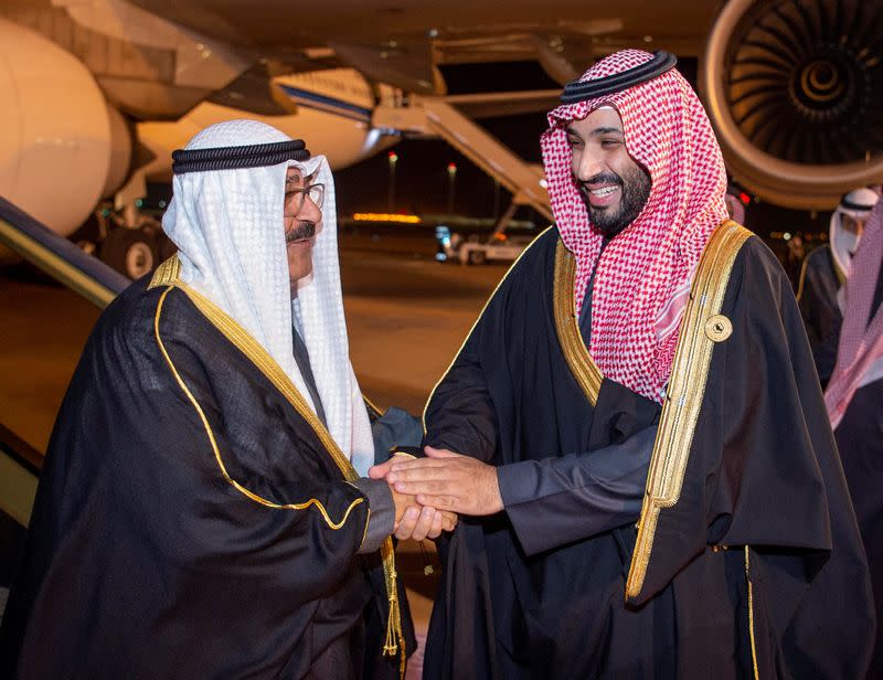 Saudi Crown Prince, Mohammed bin Salman receives Kuwait's Crown Prince, Sheikh Meshal Al-Ahmad Al-Jaber Al-Sabah as he arrives for the Gulf Summit in Riyadh, Saudi Arabia