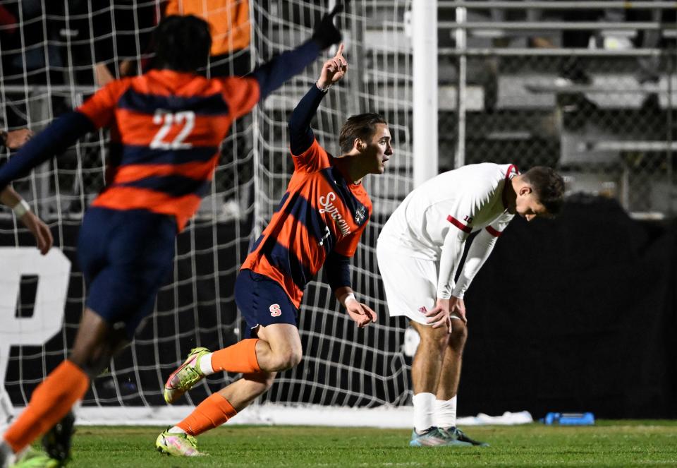 Curt Calov #7 of the Syracuse Orange celebrates his goal against the Indiana Hoosiers in the first half during the Division I Men's Soccer Championship at Sahlen's Stadium at WakeMed Soccer Park on December 12, 2022 in Cary, North Carolina.