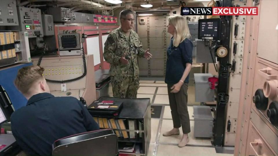 PHOTO: Commander Lee 'Randy' Fike talks with ABC's Martha Raddatz aboard the USS Kentucky, a U.S. nuclear-armed submarine, anchored at the Busan Naval Base in Busan, South Korea, July 20, 2023. (ABC News)