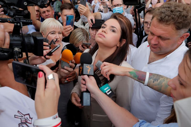 Belarusian united opposition candidate Tikhanouskaya visits a polling station during the presidential election in Minsk