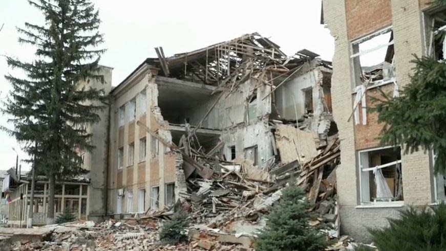 An academic building on the grounds of a college in Kupyansk, Ukraine, heavily damaged by Russian S-300 missile in January, is seen in the spring of 2023. / Credit: CBS News