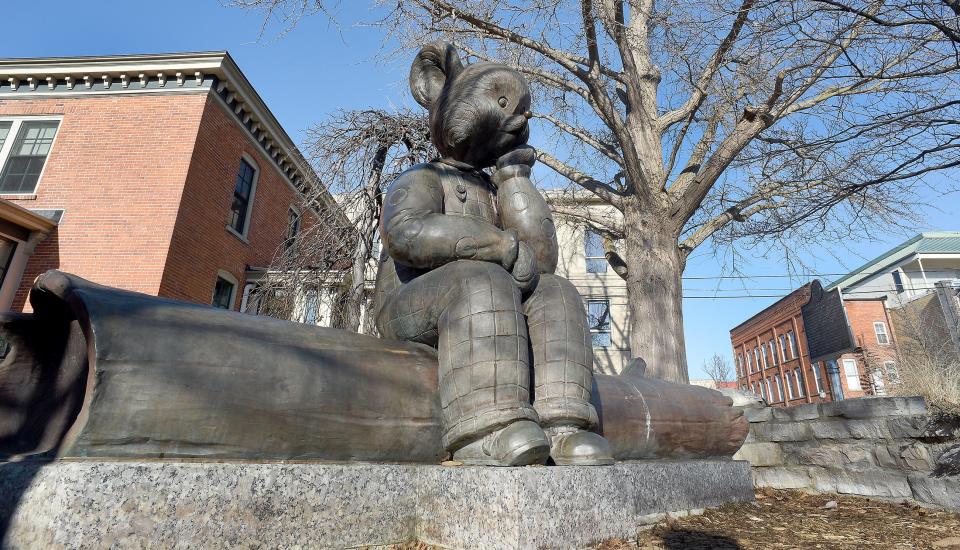 Little Brown Bear statue outside the Dorsch Memorial Library in downtown Monroe.