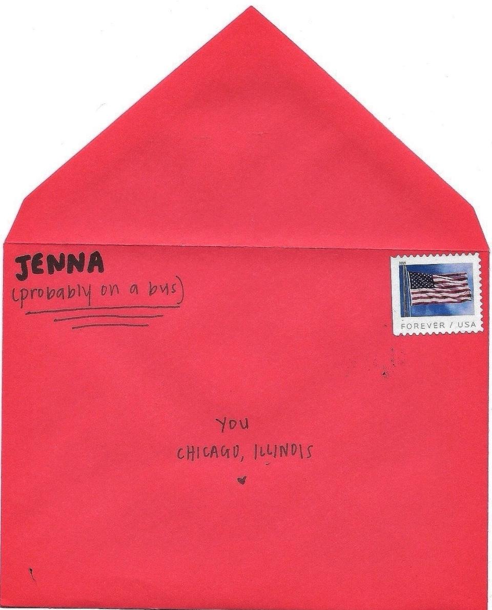 A red envelope addressed to "You, Chicago, Illinois" and from "Jenna (probably on a bus)," with a U.S. postage stamp