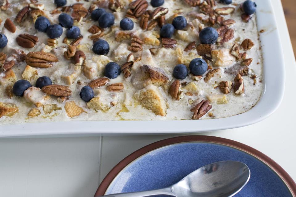 In this image taken on Jan. 28, 2013, banana bourbon bread pudding is shown in a serving dish in Concord, N.H. (AP Photo/Matthew Mead)