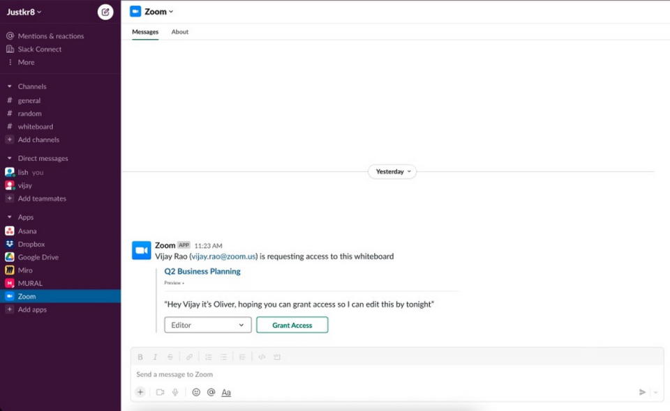 圖／用戶可以透過「授權訪問」將白板通知分享於 Microsoft Teams 和 Slack 。