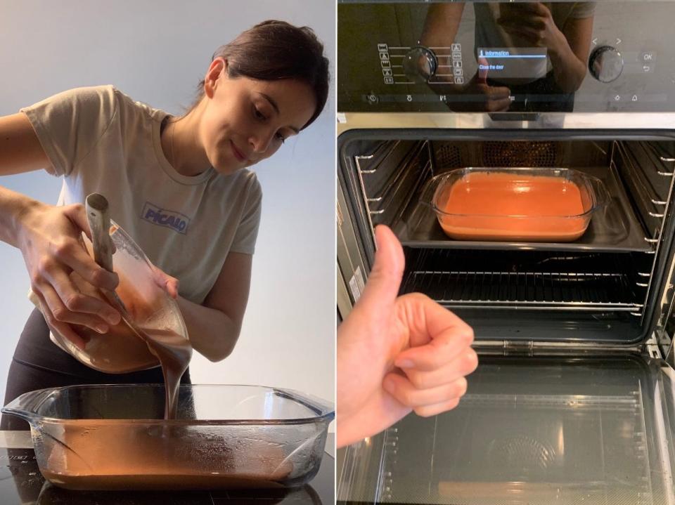 After pouring the batter into my baking dish, I waved goodbye to the cake for 38 minutes.