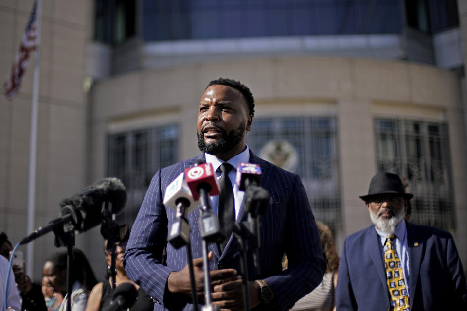 Attorney S. Lee Merritt speaks to people at a rally to support Ralph Yarl, Tuesday, April 18, 2023, in Kansas City, Mo. Yarl, a Black teenager was shot last week by an 84-year-old white homeowner when he mistakenly went to the wrong address to pick up his younger brothers. (AP Photo/Charlie Riedel)