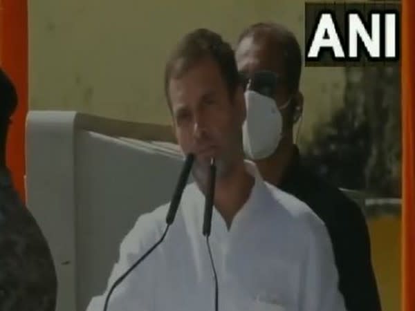 Congress leader Rahul Gandhi speaking at a rally in Nawada on Friday. Photo/ANI