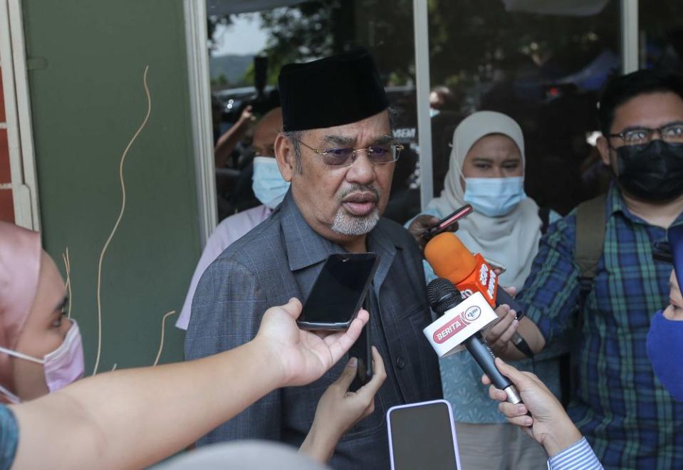 Datuk Seri Tajuddin Abdul Rahman speaks to the members of the press after attending the launch of Taj International College’s TT Hall in Ipoh April 14, 2021. — Picture by Farhan Najib